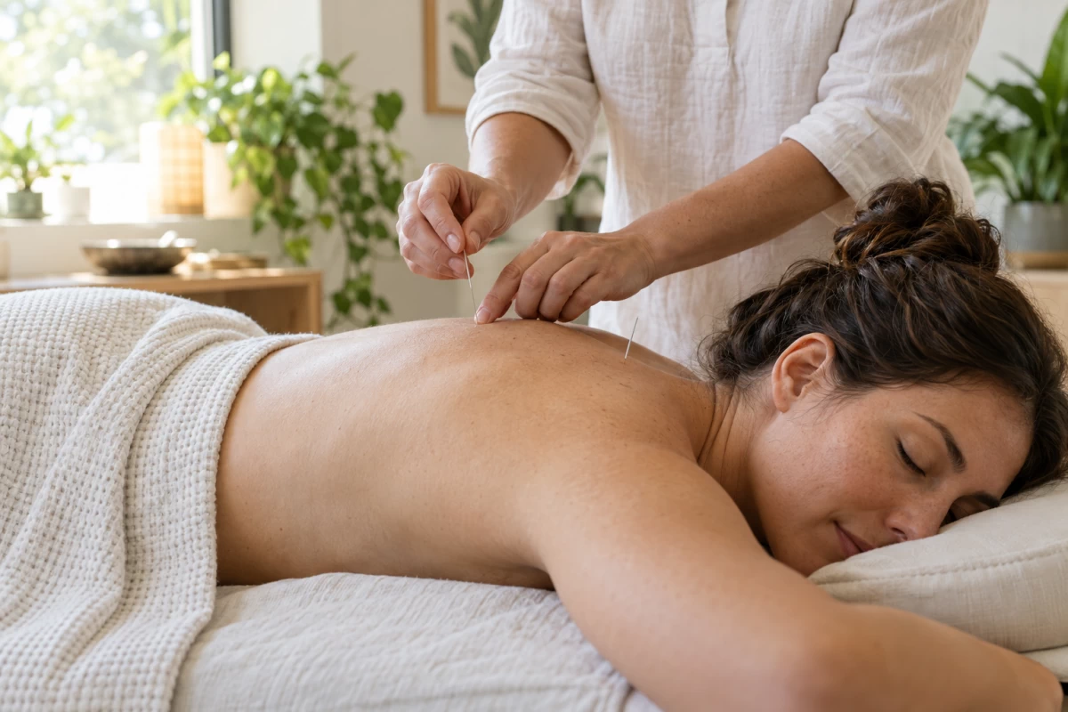Patient receiving acupuncture with fine needles on the shoulder in a calm treatment room
