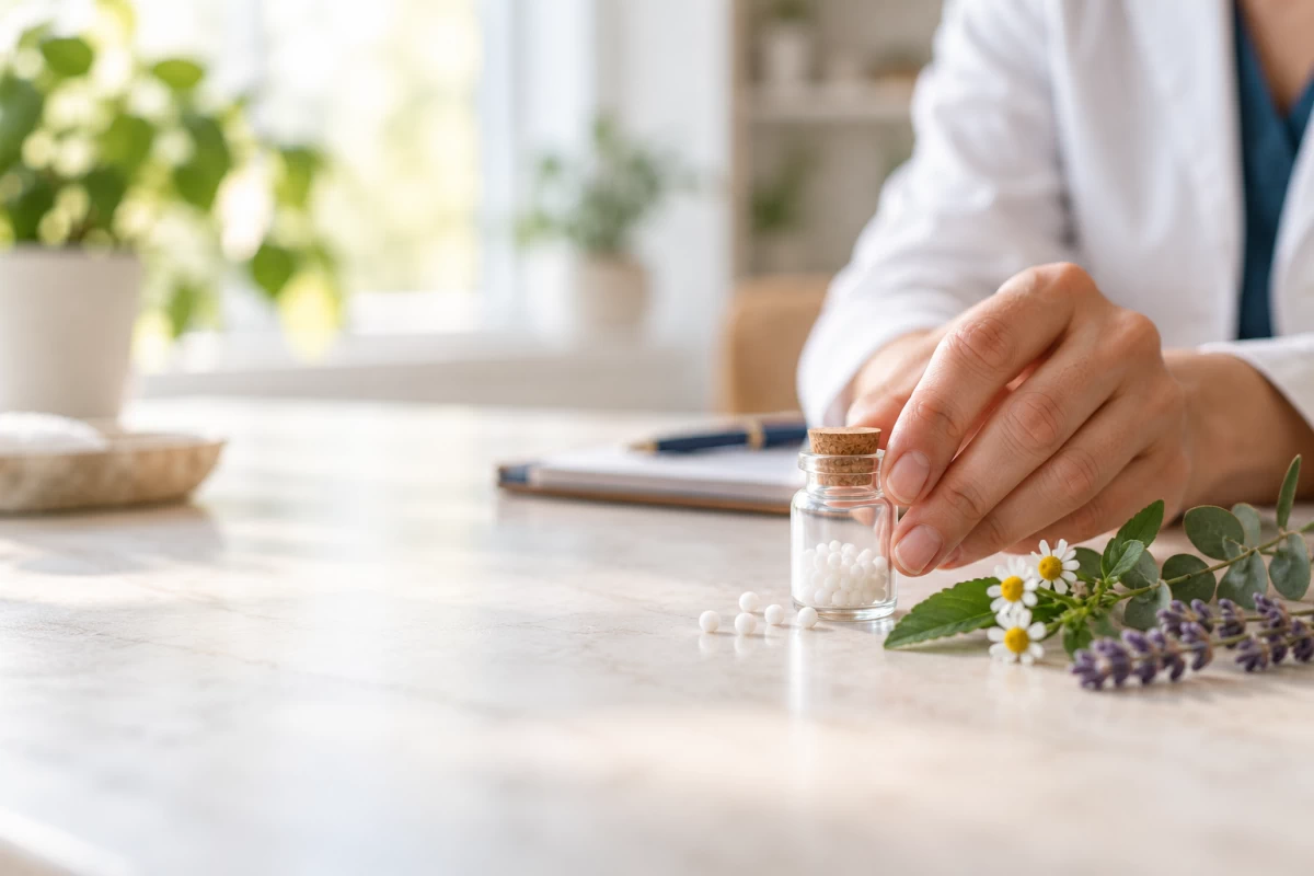 Homeopathic consultation with a glass remedy vial and botanical ingredients